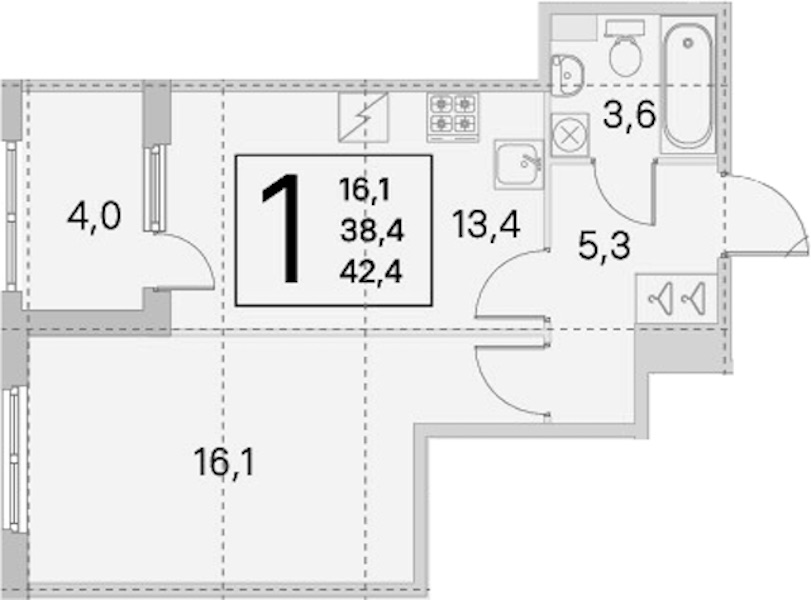 1-комнатная квартира 38.4 м², 1/5 эт., ЖК «ЮгТаун. Олимпийские кварталы»